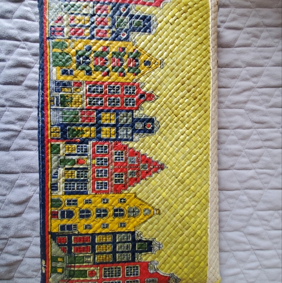 Vintage printed Straw Weave Clutch Bag Envelope -Flat Summer beach bag - Picture 3 of 5